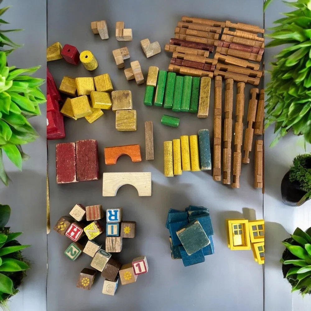 Vintage Wooden Building Blocks Lot Lincoln Logs Alphabet Blocks‎ Mixed Set 80+pc